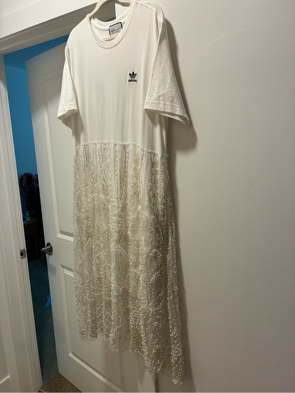adidas White Tee Dress with hand beaded Pearl-Embellished Skirt - Picture 3 of 3